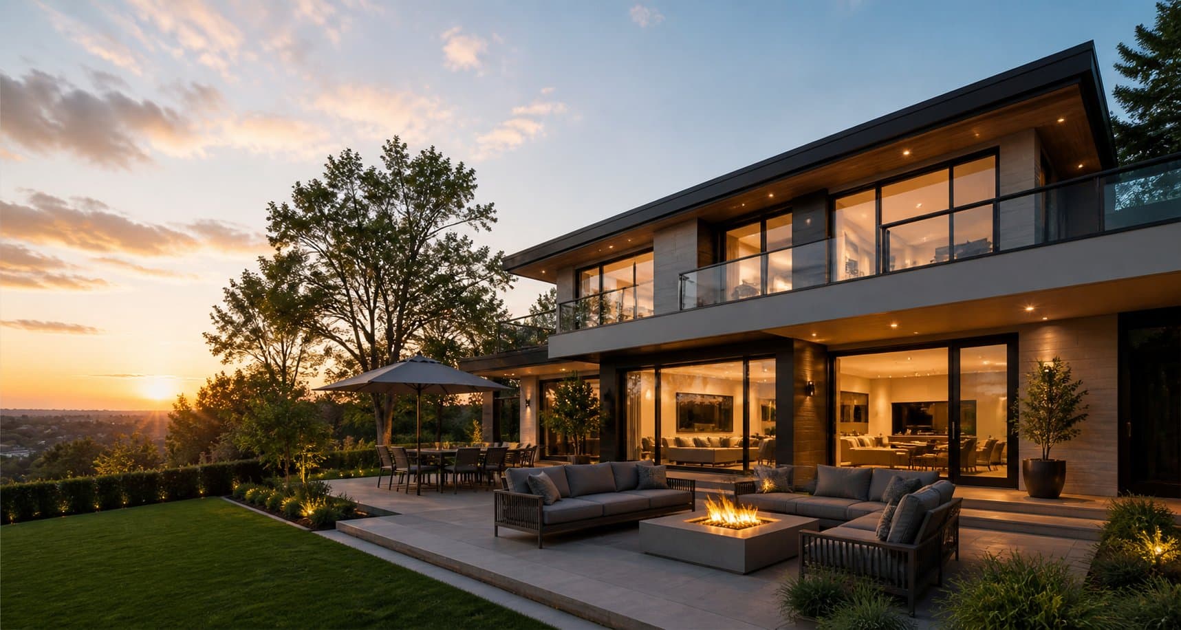 Modern home at sunset with outdoor patio and fire pit